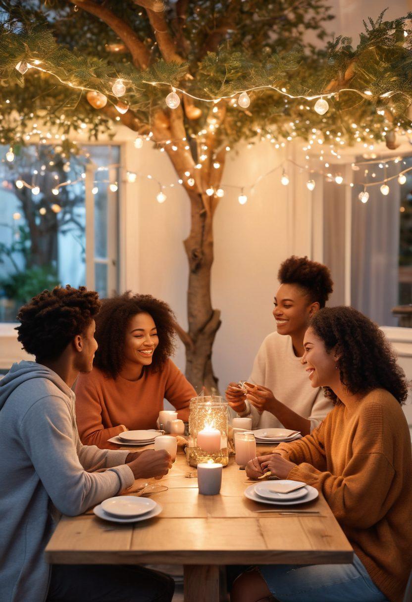 A cozy scene of a diverse group of friends laughing and sharing a meal around a beautifully set table, surrounded by warm fairy lights. In the background, a heart-shaped tree symbolizes love and connection, while soft pastel colors evoke a sense of intimacy and warmth. Include elements like intertwined hands and heart motifs subtly integrated into the decor. super-realistic. vibrant colors. warm lighting.