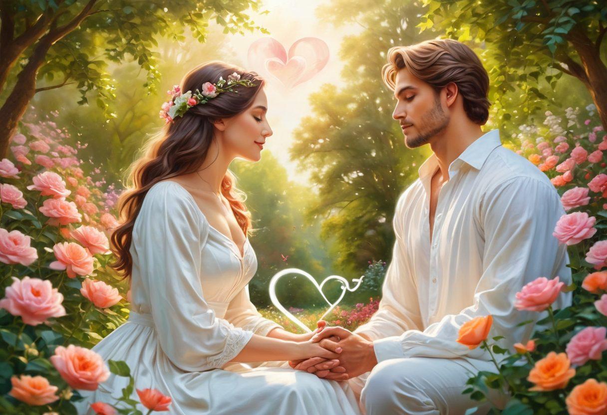 A serene couple sitting together in a lush garden, holding hands and gazing into each other's eyes, surrounded by blooming flowers symbolizing love and unity. In the background, gentle sunlight filters through the leaves, creating a warm and inviting atmosphere. A heart-shaped infinity symbol subtly appears in the clouds above them, representing eternal devotion. soft focus. vibrant colors. painting.